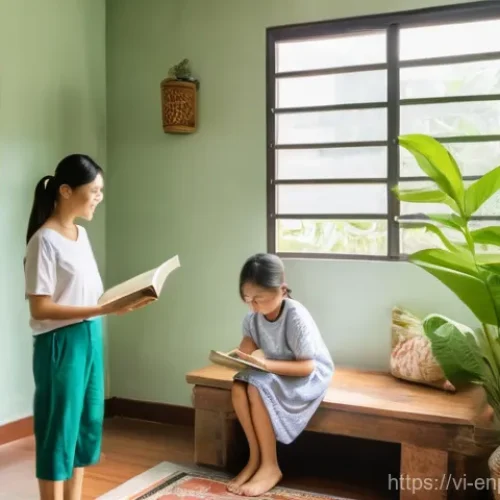 Home 25 에너지 효율성을 위한 협력적 접근 방식 - **Prompt:** A warm and inviting scene inside a modern Vietnamese home, showcasing a family actively ...