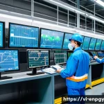 Home 22 에너지 관리에서의 성과 평가 방법 - A detailed industrial factory interior showing a modern energy monitoring system with multiple digit...