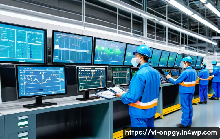 에너지 관리에서의 성과 평가 방법 - A detailed industrial factory interior showing a modern energy monitoring system with multiple digit...
