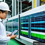 Home 20 에너지 관리와 기업의 사회적 책임 - A modern Vietnamese factory interior showcasing advanced energy management automation: smart sensors...