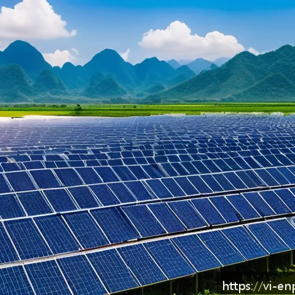 에너지 배분 최적화와 환경적 영향 - A vibrant solar energy farm in central Vietnam under a bright blue sky, featuring rows of large sola...