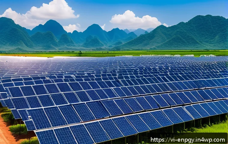 에너지 배분 최적화와 환경적 영향 - A vibrant solar energy farm in central Vietnam under a bright blue sky, featuring rows of large sola...