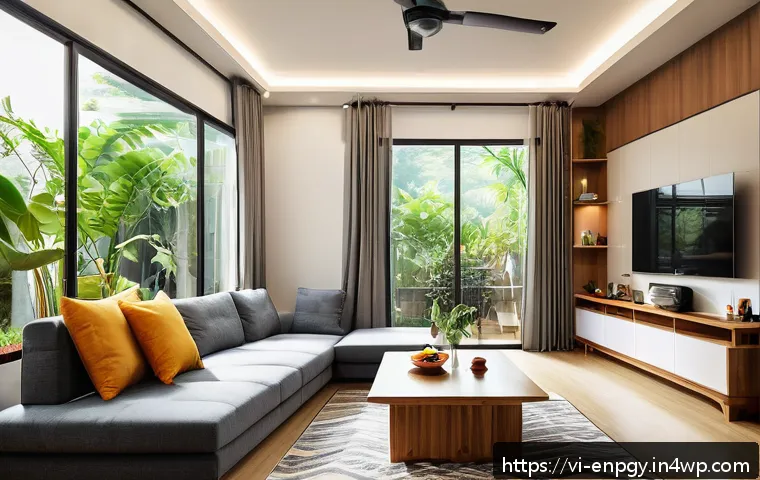에너지 소비 패턴 변화에 대한 대응 전략 - A modern Vietnamese family living room featuring energy-efficient LED lighting and an inverter air c...